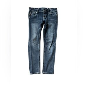 Miss Me Signature Rise Skinny Jeans Womens 30 Blue Fleur De Lis Bling EUC